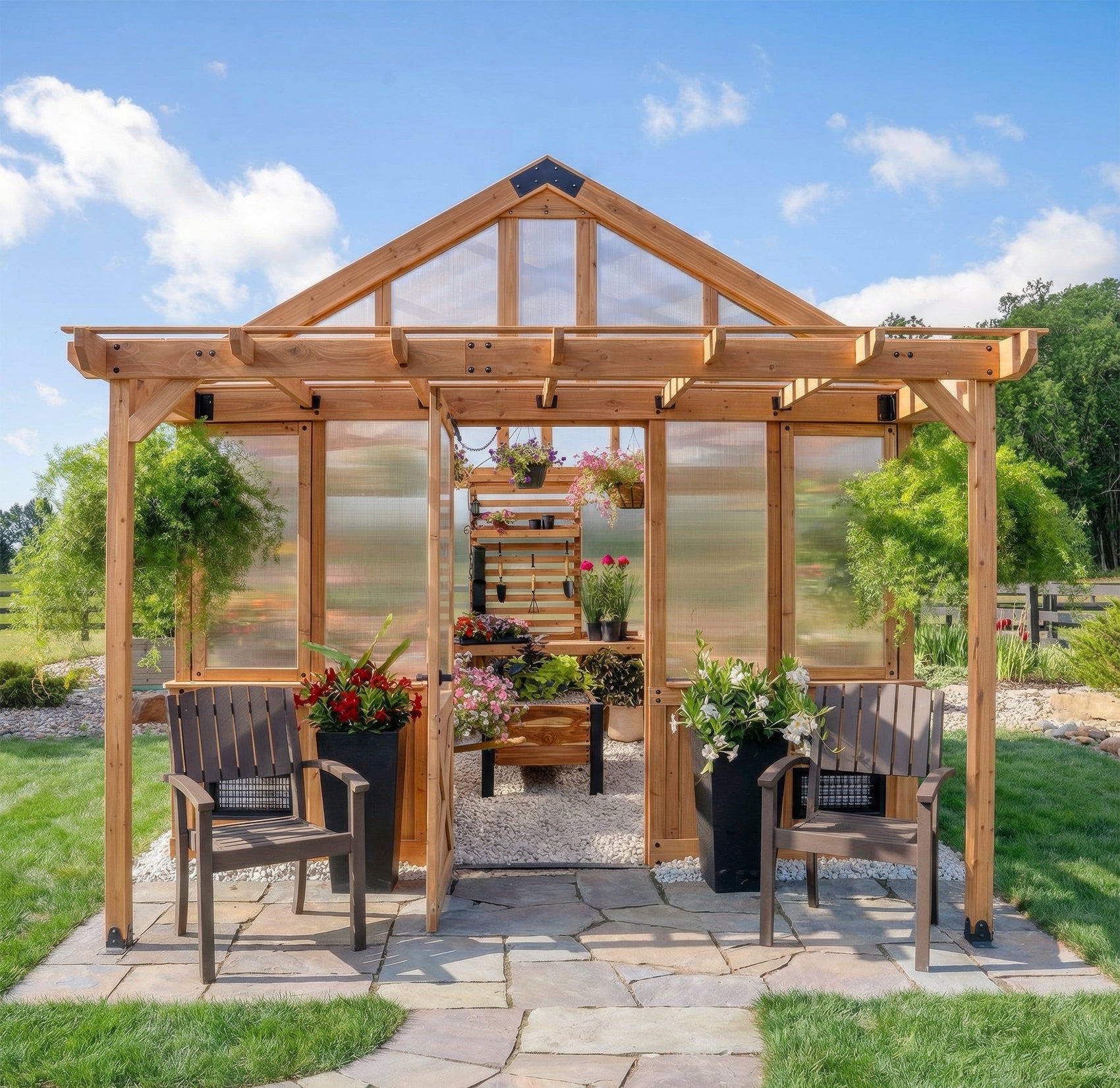 Bellerose home greenhouse with pergola, shelving, cedar construction, and polycarbonate panels.