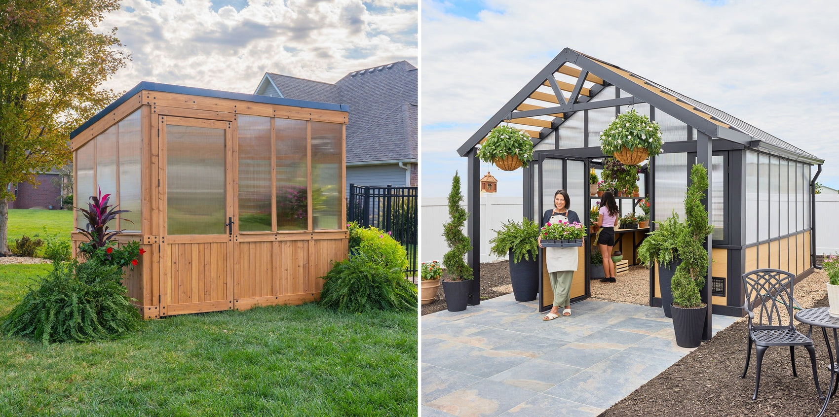 A small and large greenhouse side by side to compare the sizes in a backyard setting.