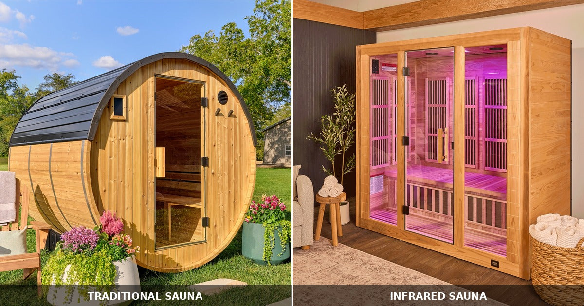 Side-by-side comparison of a traditional outdoor barrel sauna with heated stones and an indoor infrared sauna with glowing carbon panels and cedar interior