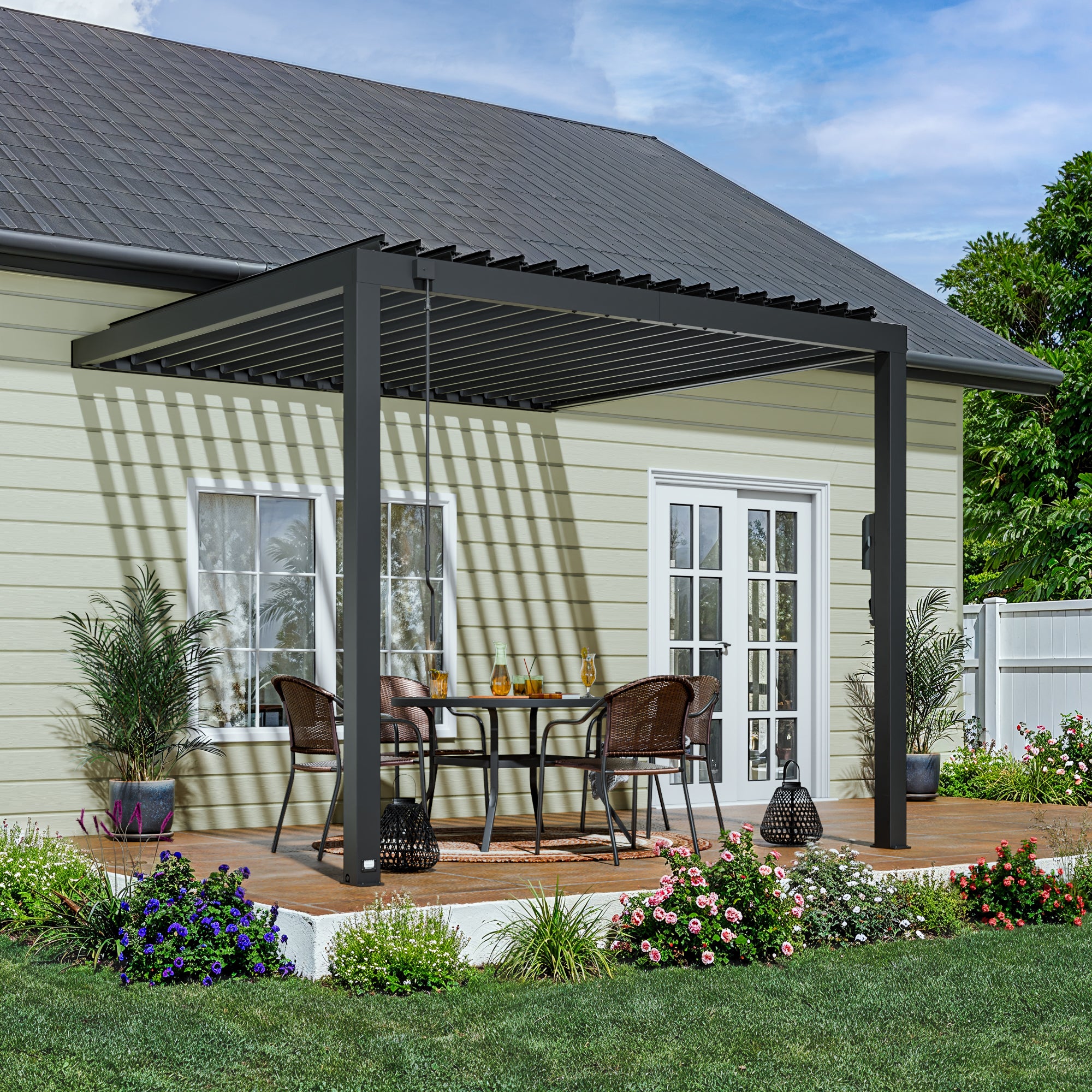 10x10 Evanston Wall Mounted Louvered Pergola