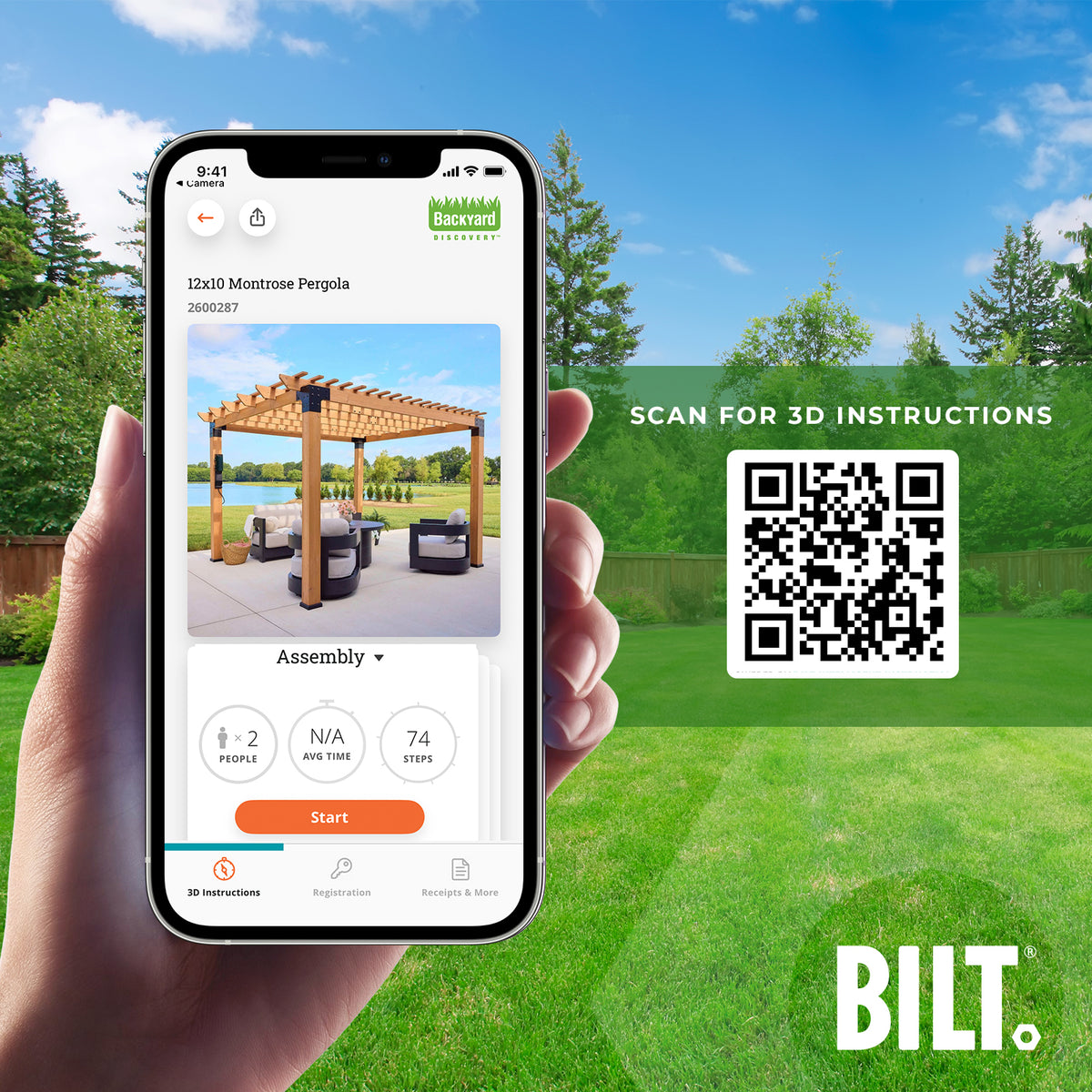 BILT app displaying step-by-step 3D assembly guidance for the Montrose cedar pergola kit on a smartphone screen.