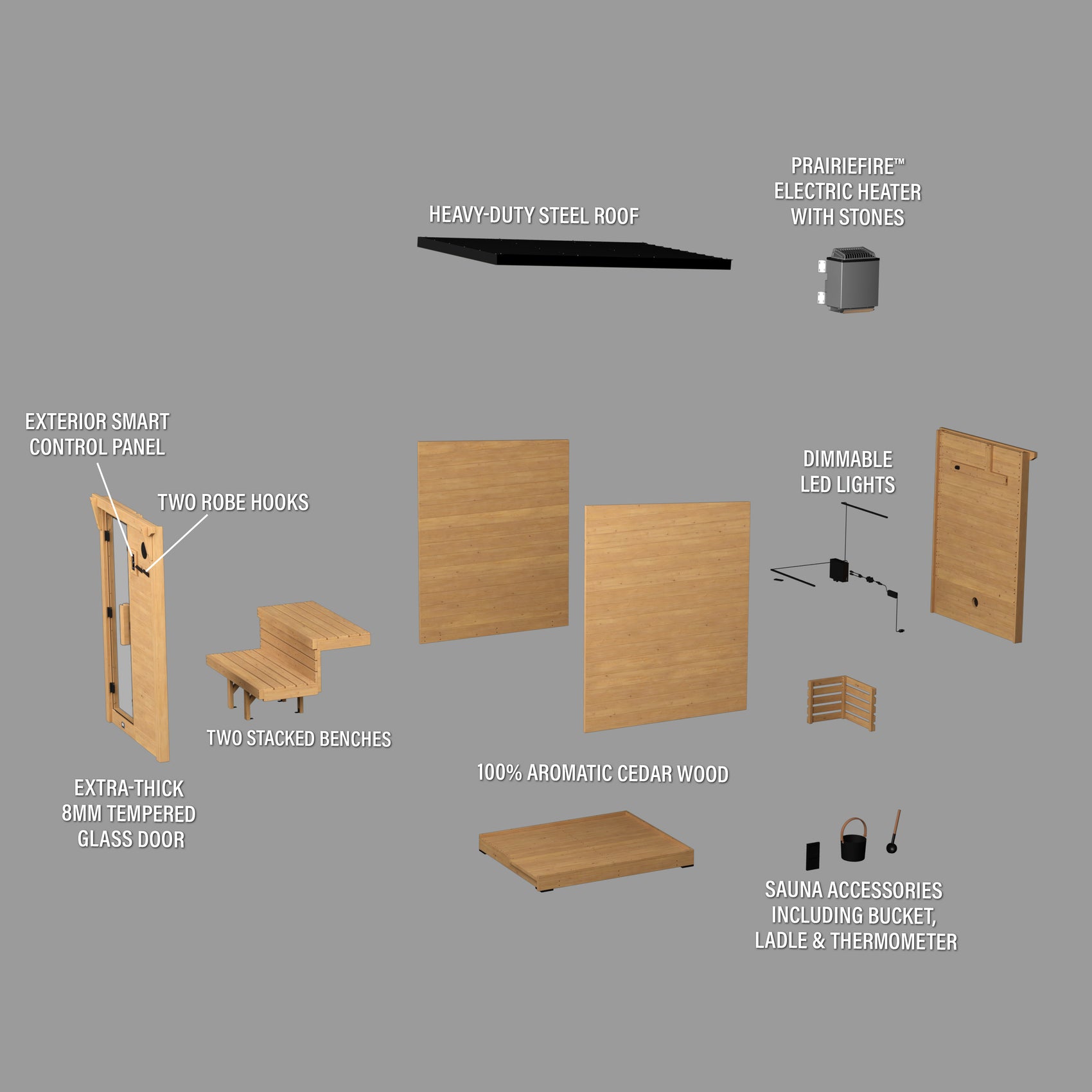 Complete 2-4 person Henley outdoor sauna kit showing cedar walls, benches, electric heater, LED lights and accessories