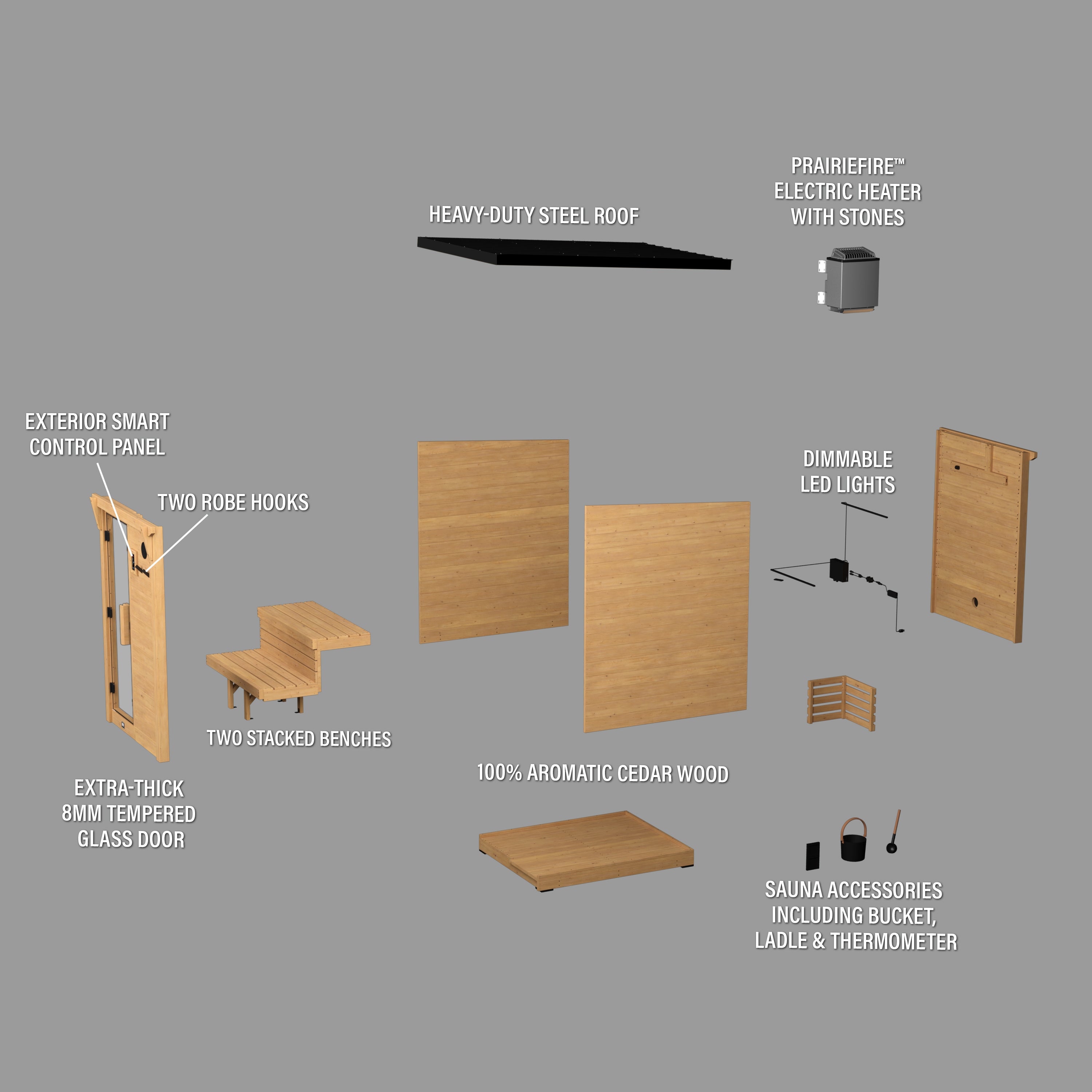 Complete 2-4 person Henley outdoor sauna kit showing cedar walls, benches, electric heater, LED lights and accessories