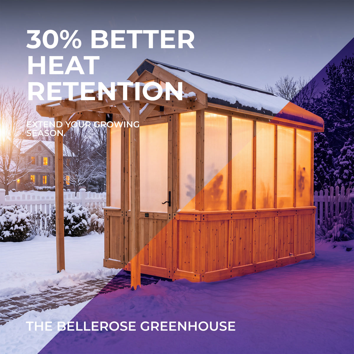 Backyard greenhouse with 4-wall polycarbonate panels that are made for 30% better heat retention.