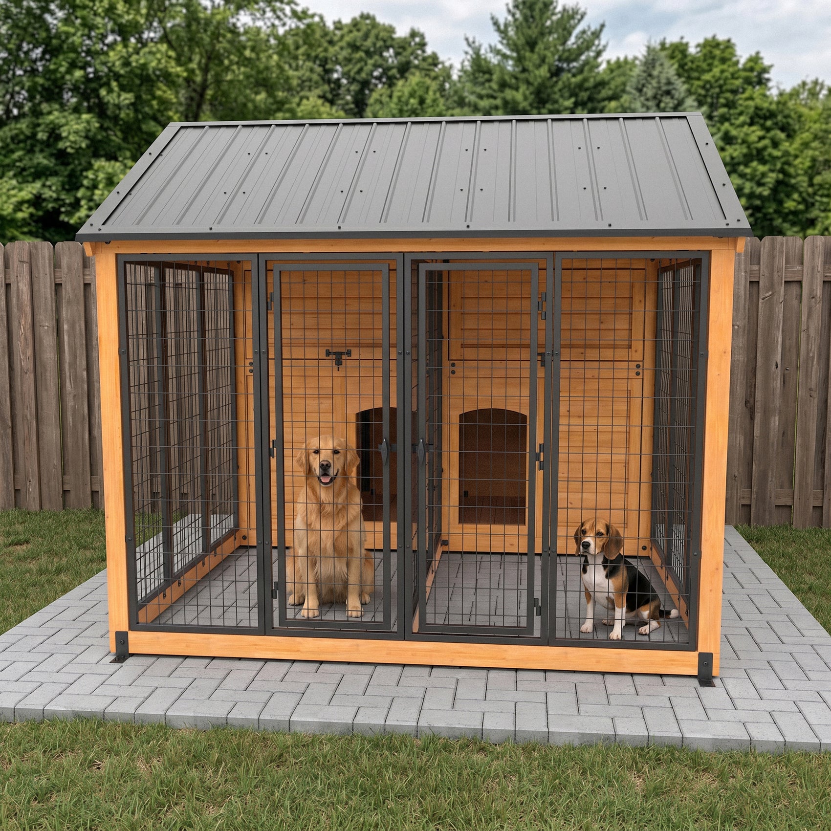Side view of cedar and steel dog kennel with Golden Retriever and Beagle inside.