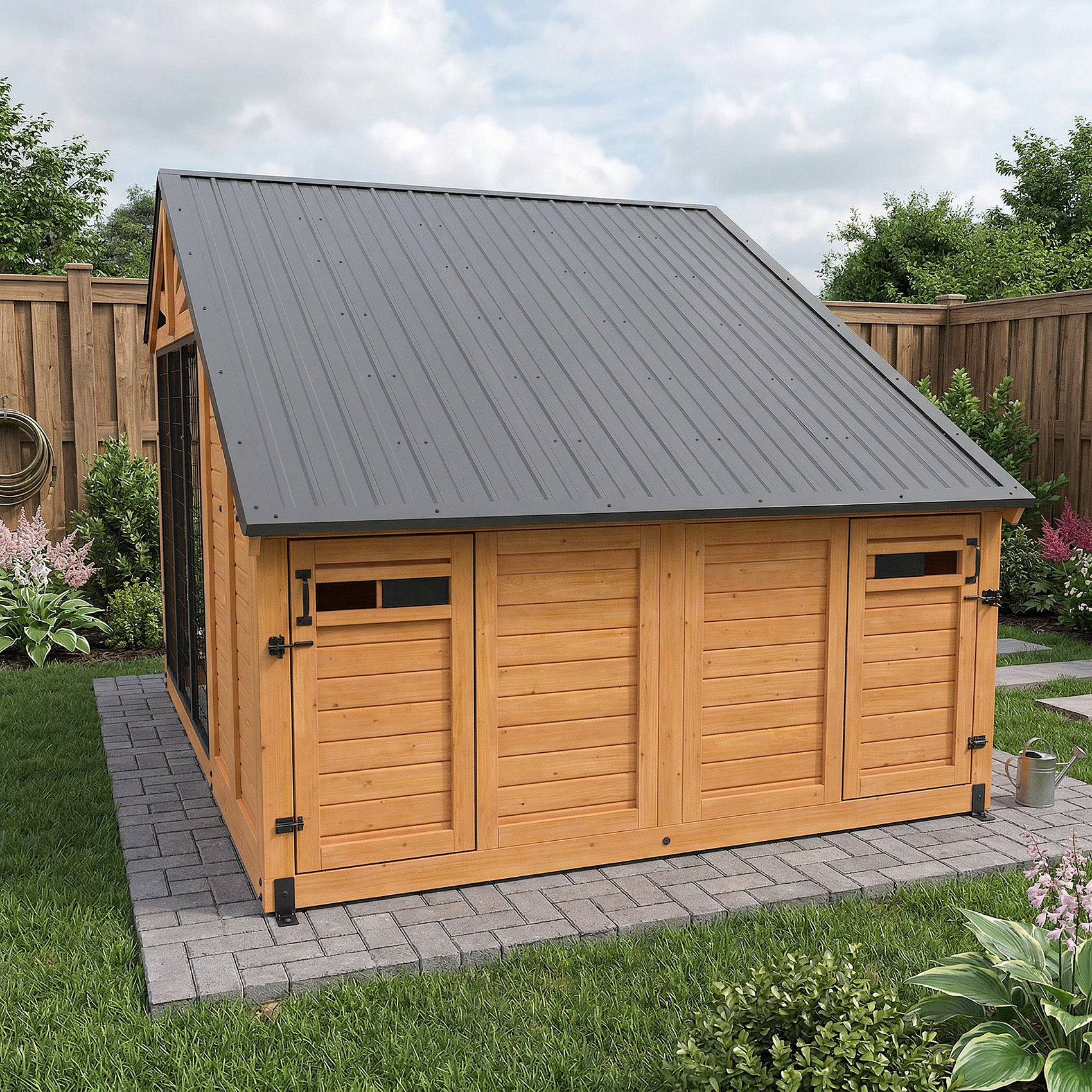 Rear view of Backyard Discovery outdoor pet enclosure showing dual back access doors.