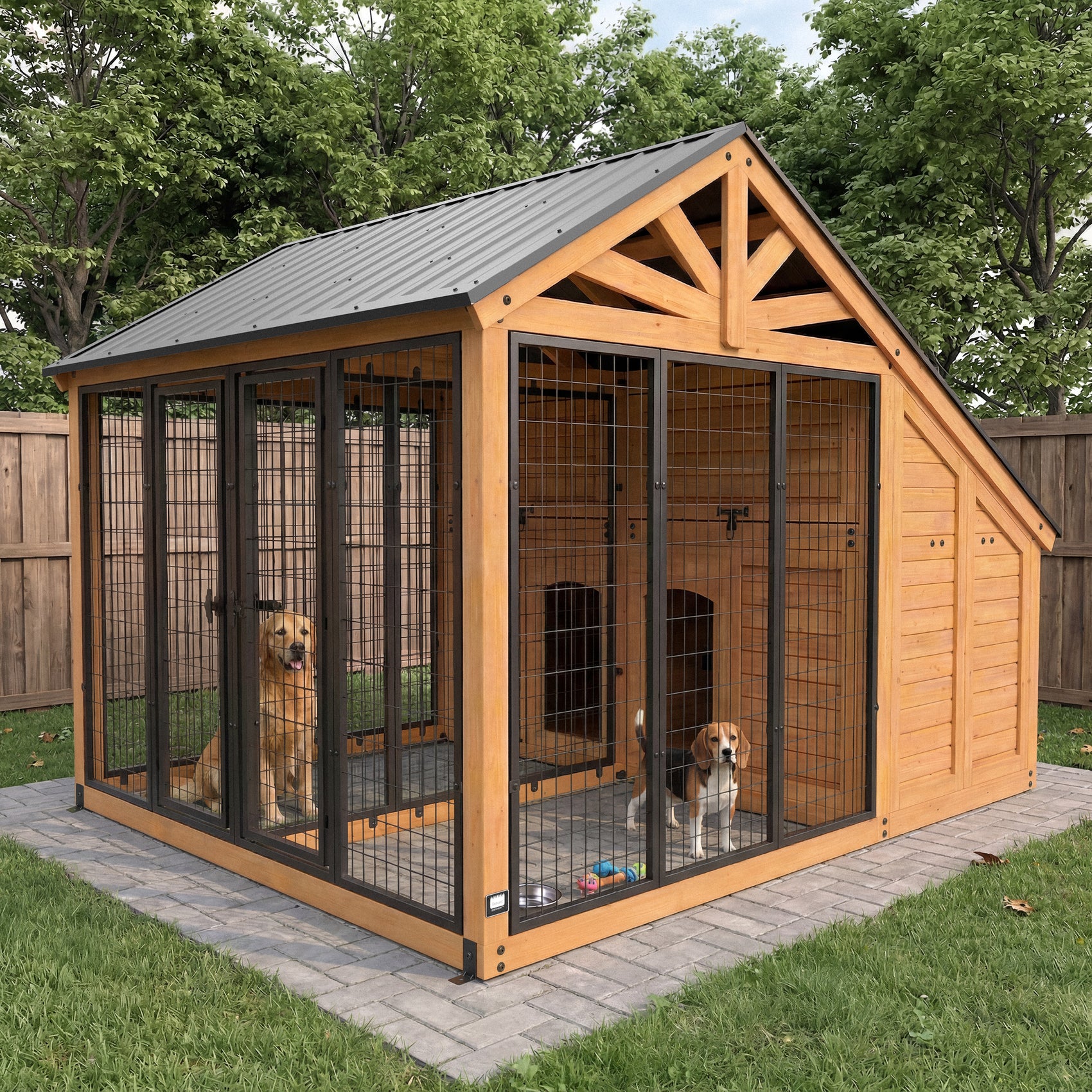 Backyard Discovery cedar and steel large dog kennel with Golden Retriever and Beagle inside.