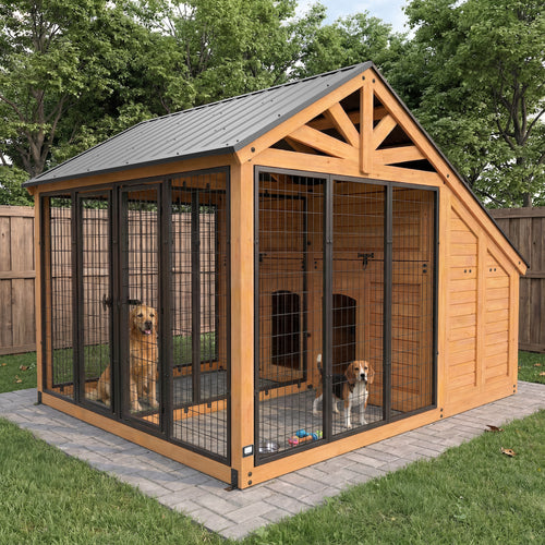 Backyard Discovery cedar and steel large dog kennel with Golden Retriever and Beagle inside.