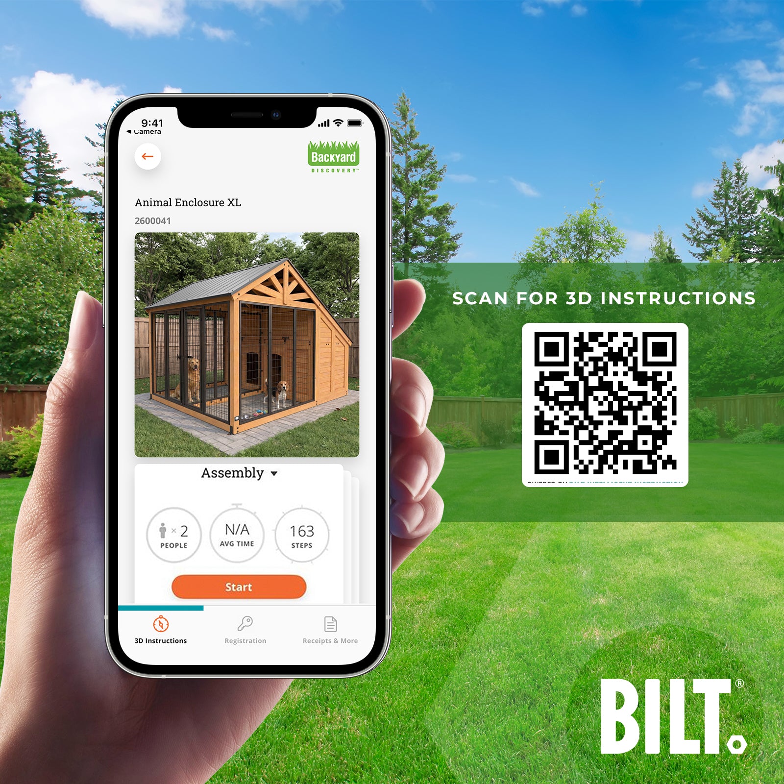 BILT assembly for the outdoor pet enclosure with 3D interactive step-by-step instructions on a smartphone