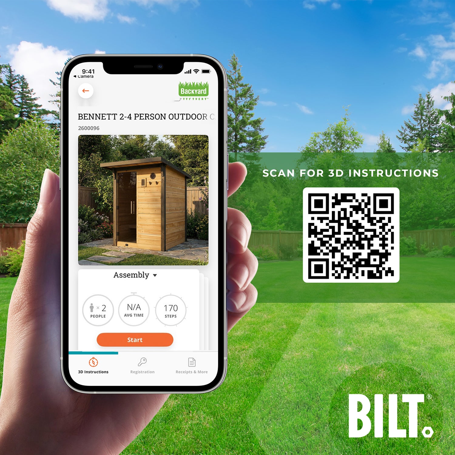 Phone with BILT app and QR code for Bennett outdoor cabin sauna kit instructions for easy DIY assembly