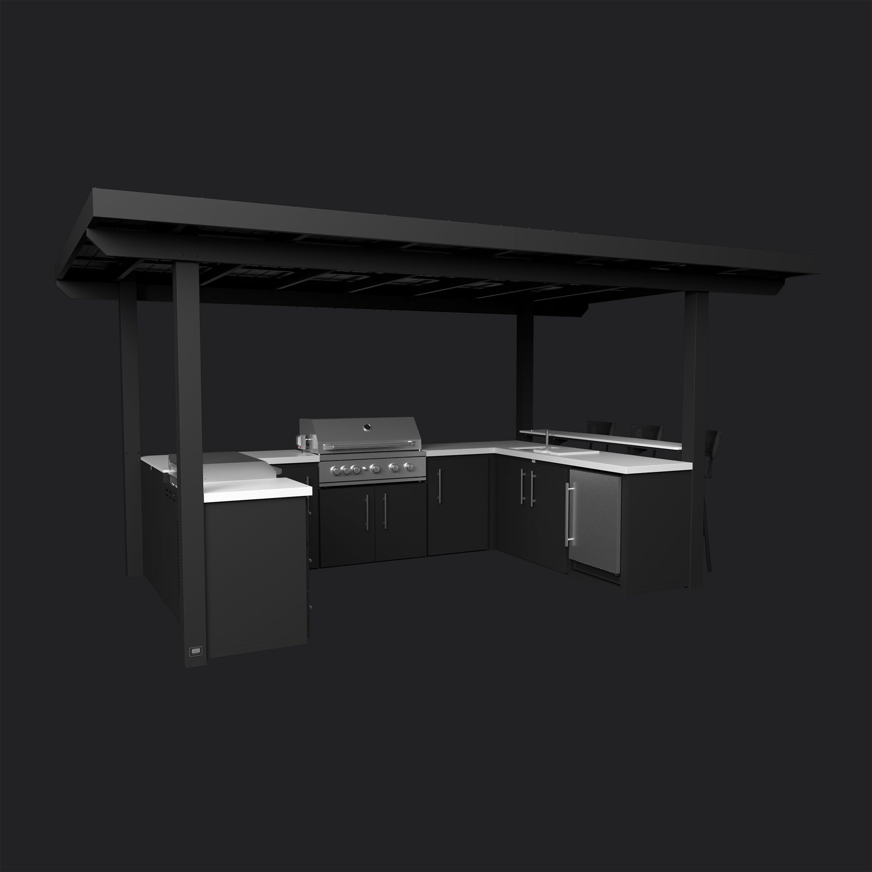 Edgemont Bay outdoor kitchen under a galvanized steel roof with a stainless steel grill, engineered stone countertops.