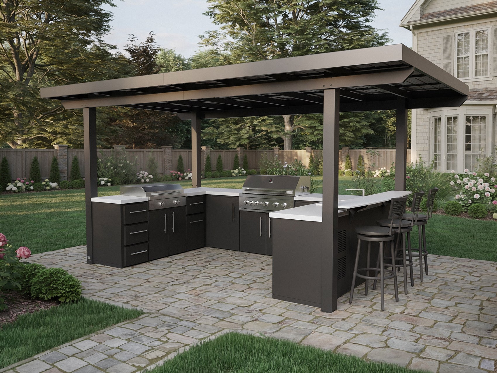 Edgemont Bay outdoor kitchen with galvanized steel roof, grill griddle combo, engineered stone countertops.