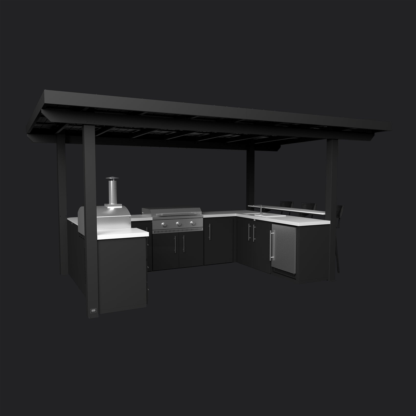 Edgemont Bay outdoor kitchen with galvanized steel roof shelters a pizza oven, griddle.