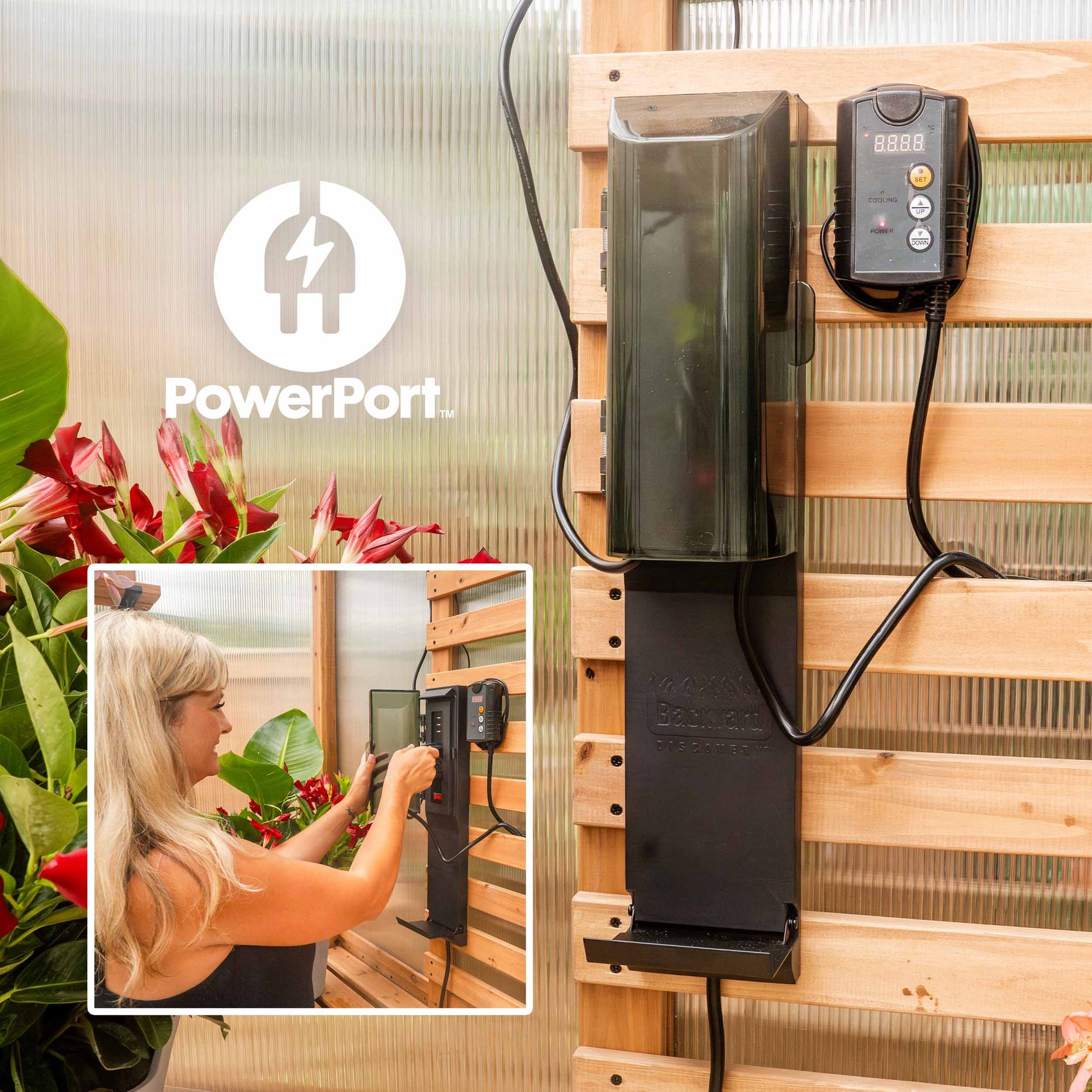 A PowerPort electric hub with 3 outlets and 3 USB ports mounted inside the Bellerose walk-in greenhouse.