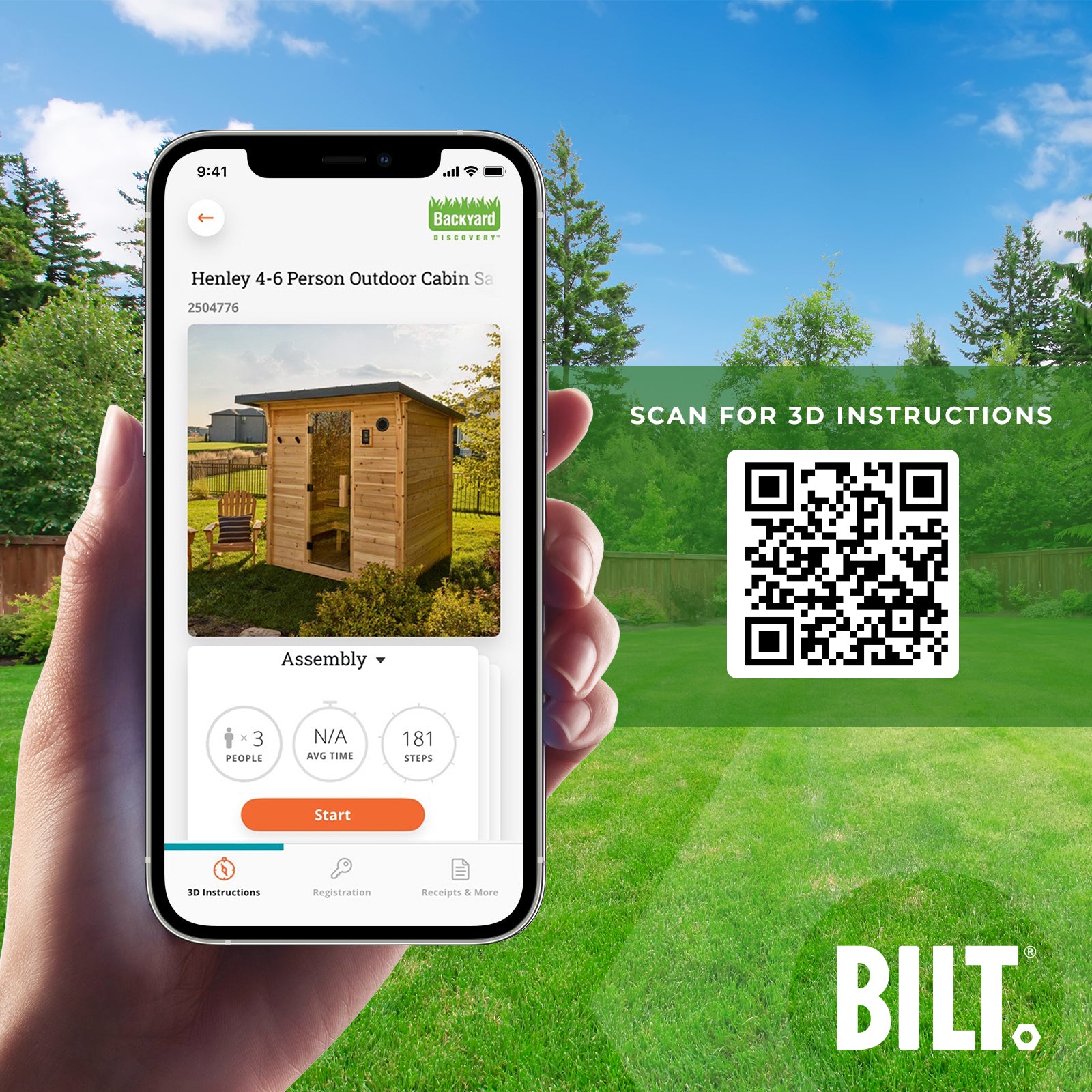 Phone with BILT app and QR code for Henley outdoor barrel sauna kit instructions for easy DIY assembly