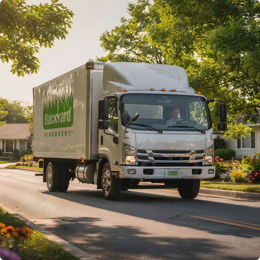 White delivery truck with 'Backyard Discovery' logo driving on a suburban street.