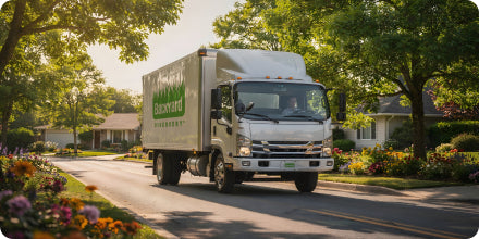 White delivery truck with a visible brand logo driving on a suburban street.