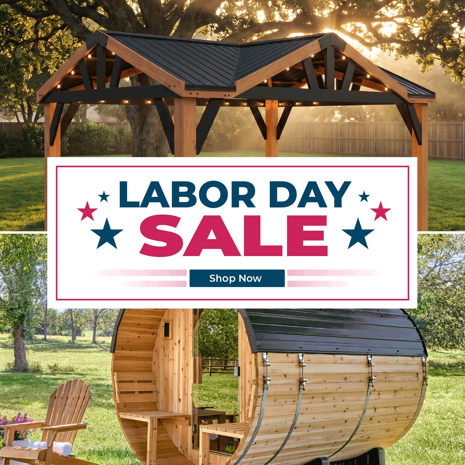 Images that rotate through a collage of images with sign in middle that says Labor Day Sale