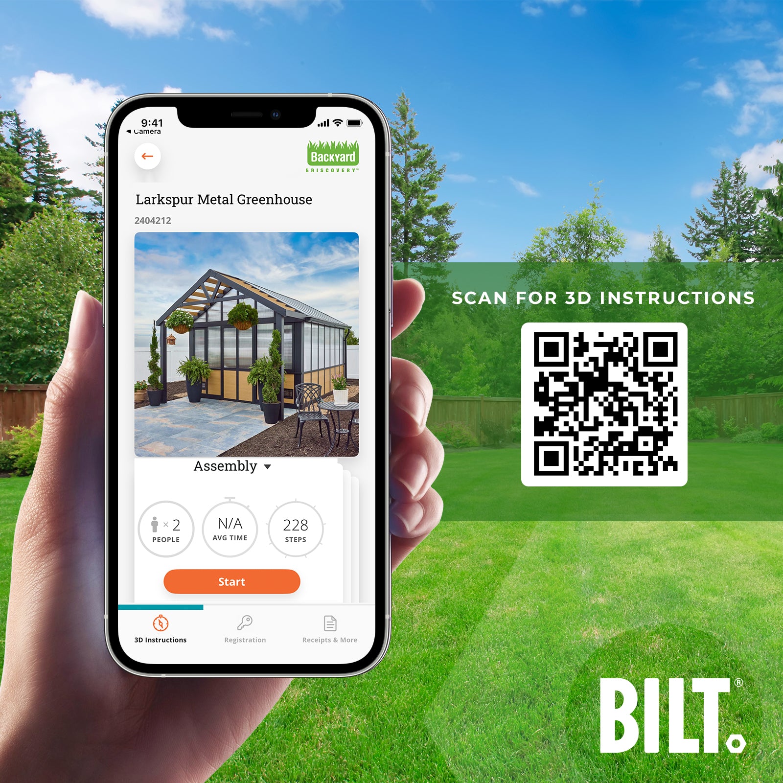 A hand holds a smartphone displaying the BILT app interface for assembling a greenhouse, with 3D instructions.