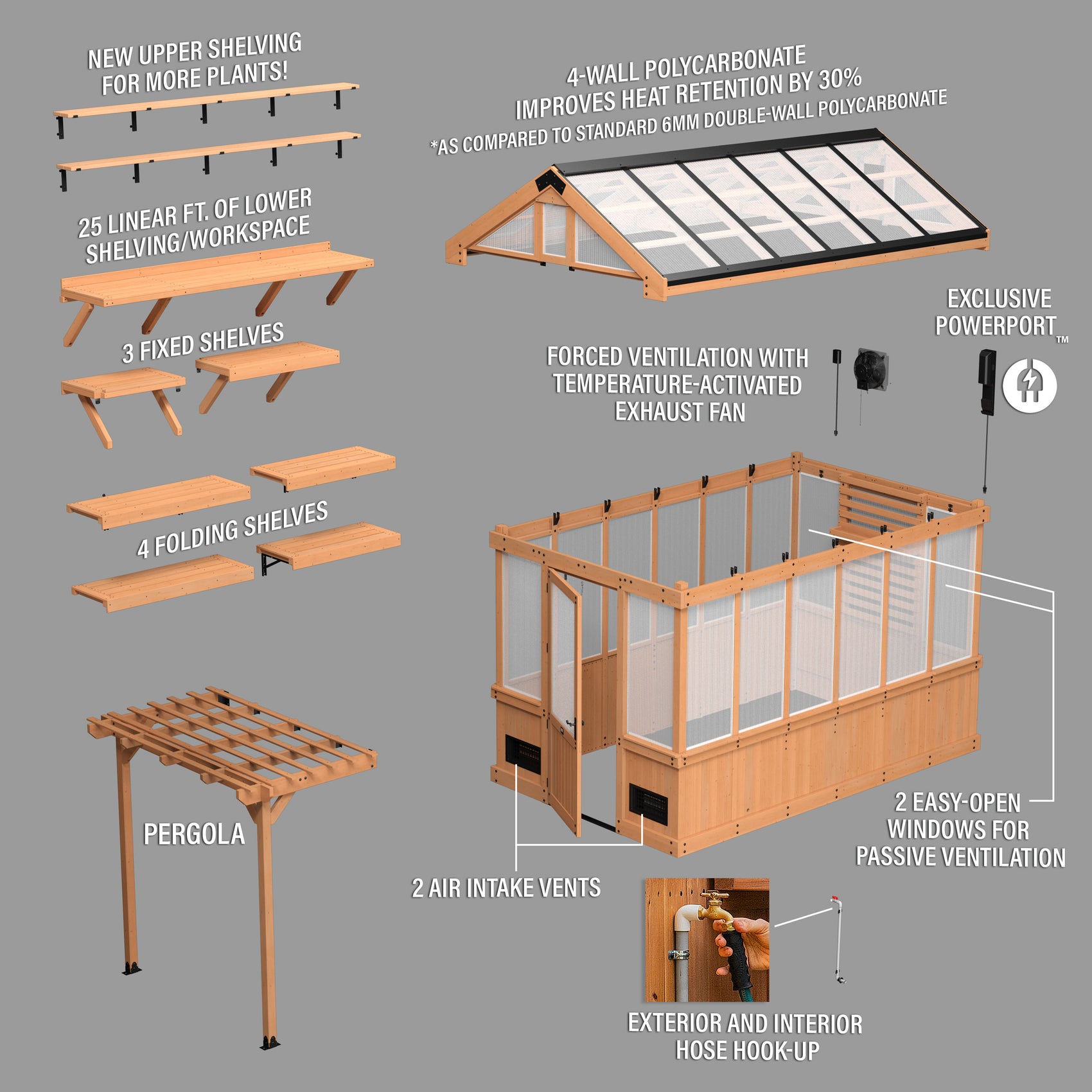 Exploded diagram of Bellerose greenhouse kit with labeled components.