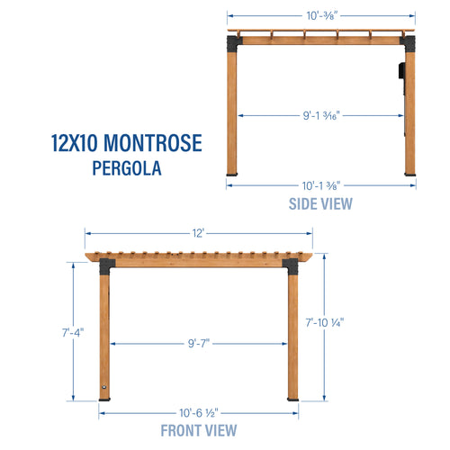 Resin feet with concealed concrete anchors securing the cedar posts of a freestanding pergola to the ground.