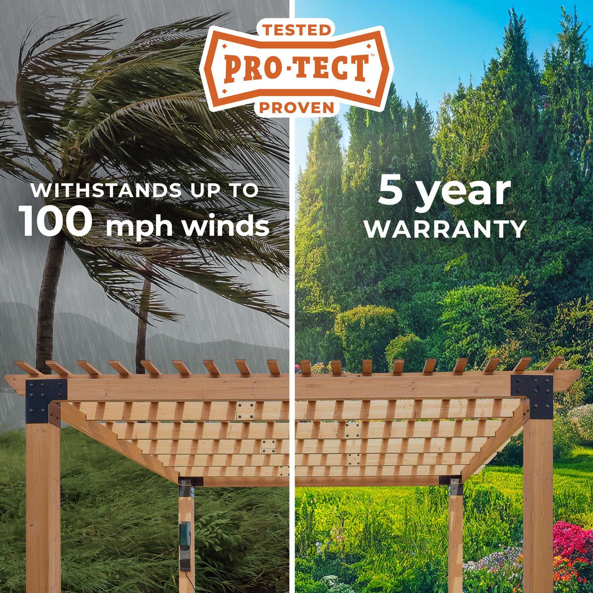 Pro-Tect testing shown side by side, proven on a cedar pergola through storm and calm conditions.