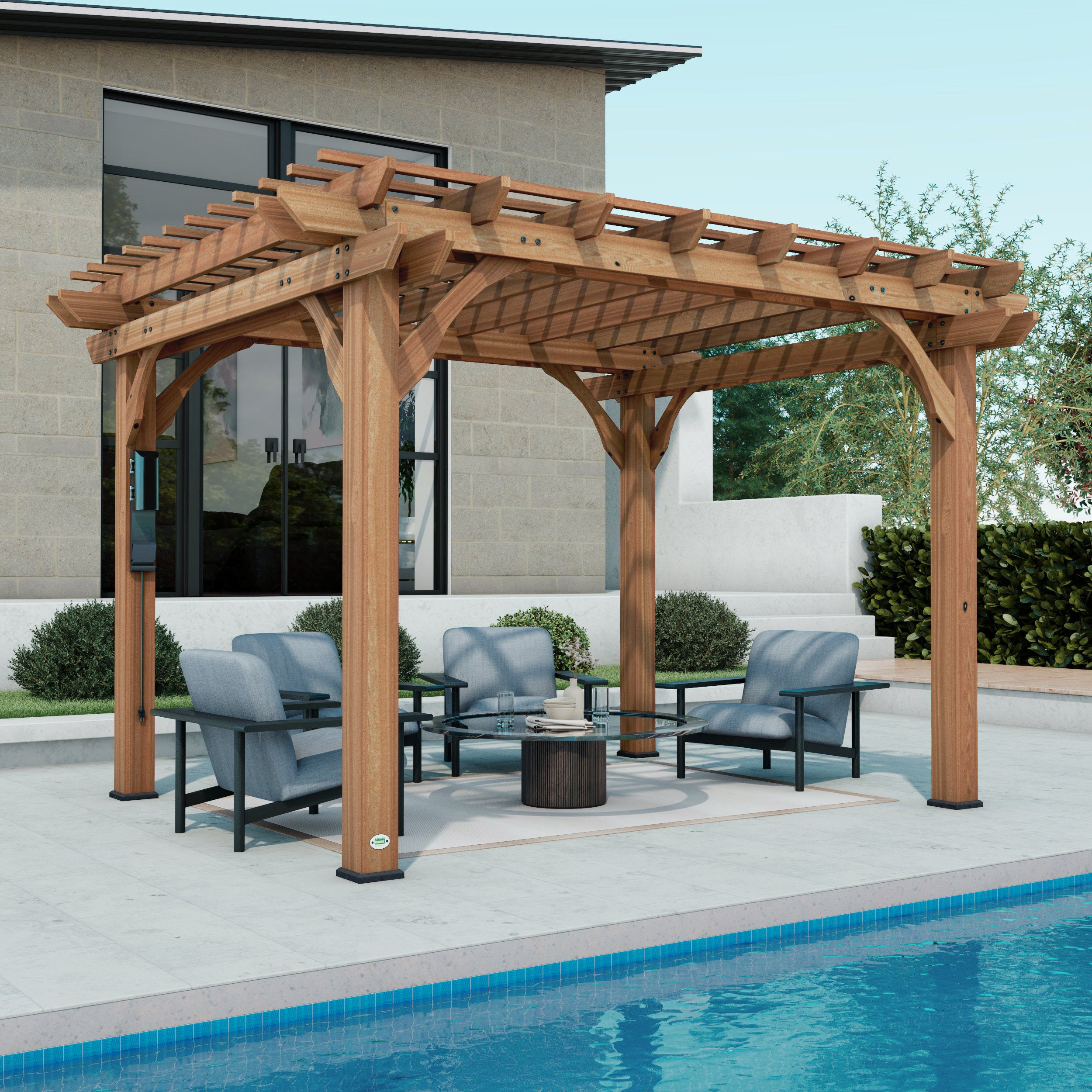 Wood pergola with slatted roof over poolside seating area with modern chairs and round table
