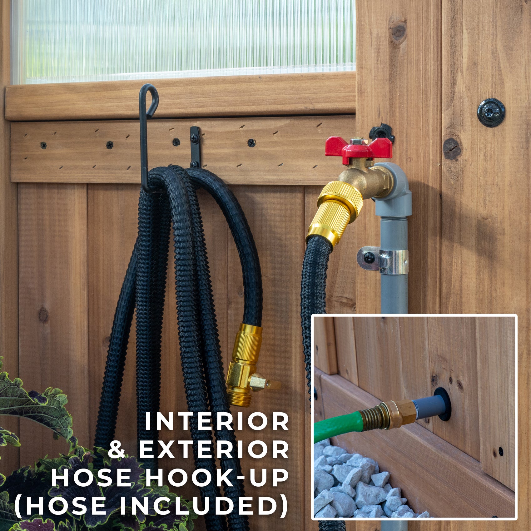 Interior cedar wall with an exterior water spigot, a coiled hose on hooks, and a pass-through hose hookup at the base.