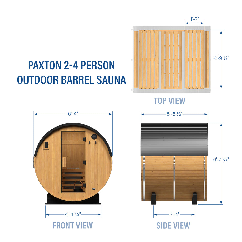 Technical diagram of Paxton 2-4 person outdoor barrel cedar sauna showing top, front, and side view dimensions.