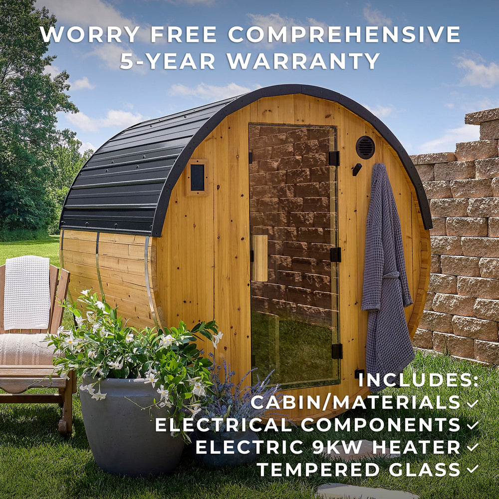Paxton 2-4 person outdoor barrel cedar sauna with black steel roof and glass door in sunny backyard