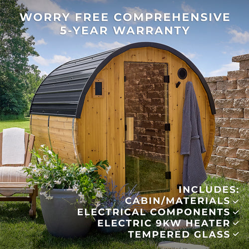Paxton 2-4 person outdoor barrel cedar sauna with black steel roof and glass door in sunny backyard