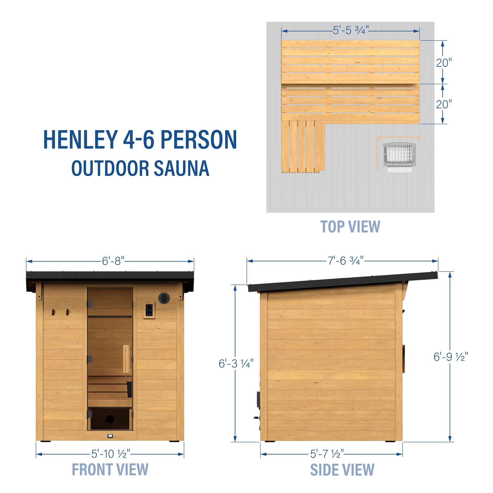 Henley 4-6 person outdoor cabin sauna dimensions showing top front and side views with measurements | stacked