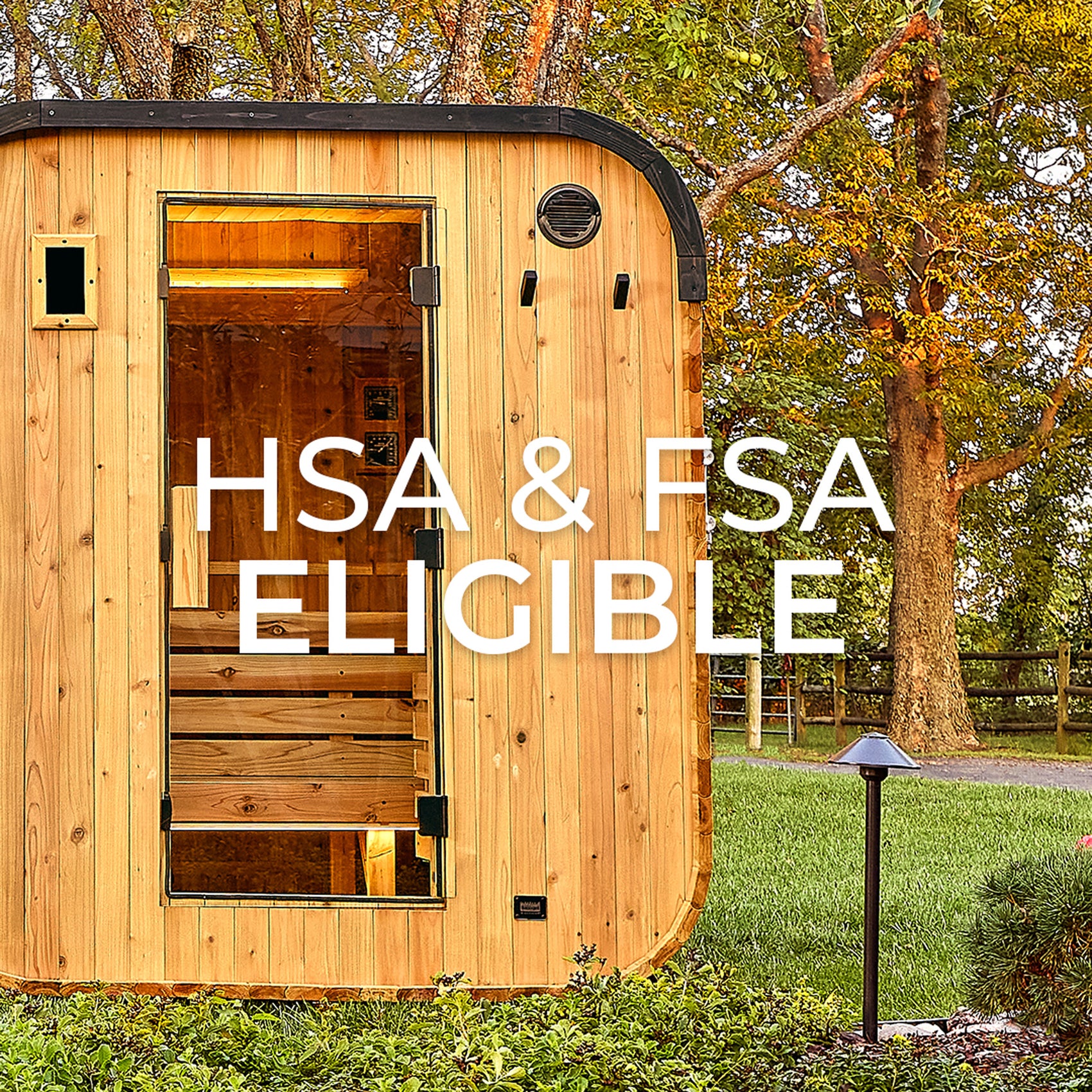 Lennon 4-6 person outdoor cube sauna HSA and FSA eligible badge via TrueMed for pretax savings