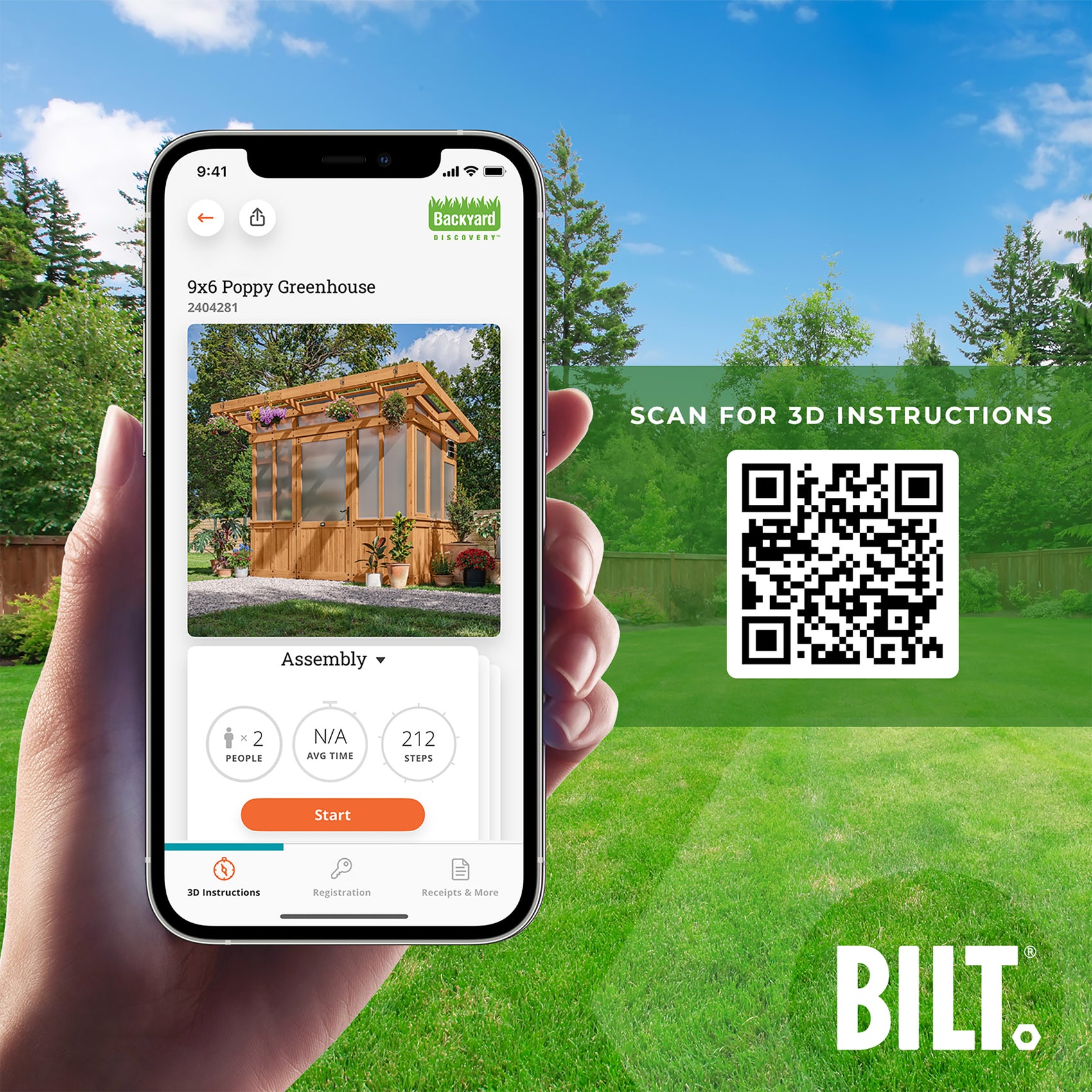 BILT app 3D step-by-step assembly instructions for the Poppy 9x6 greenhouse, shown on a smartphone.