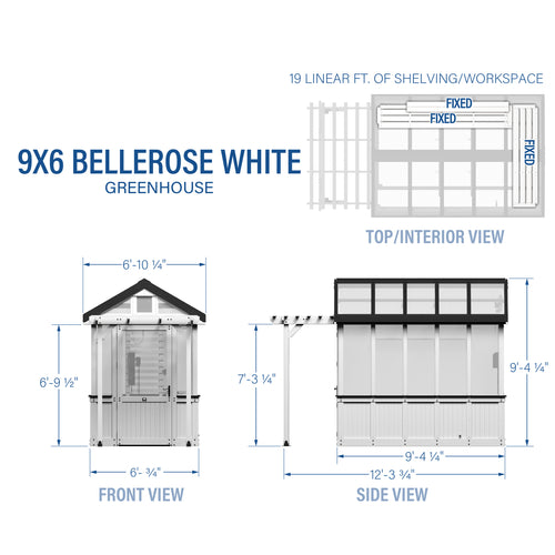 Dimensional drawings of the 9x6 White Bellerose greenhouse with front, side, and top interior views. | stacked