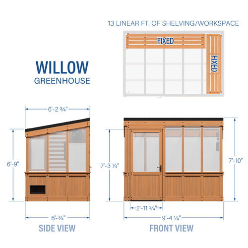 Dimensional drawings of the 9x6 Willow greenhouse with front, side, and top interior views.