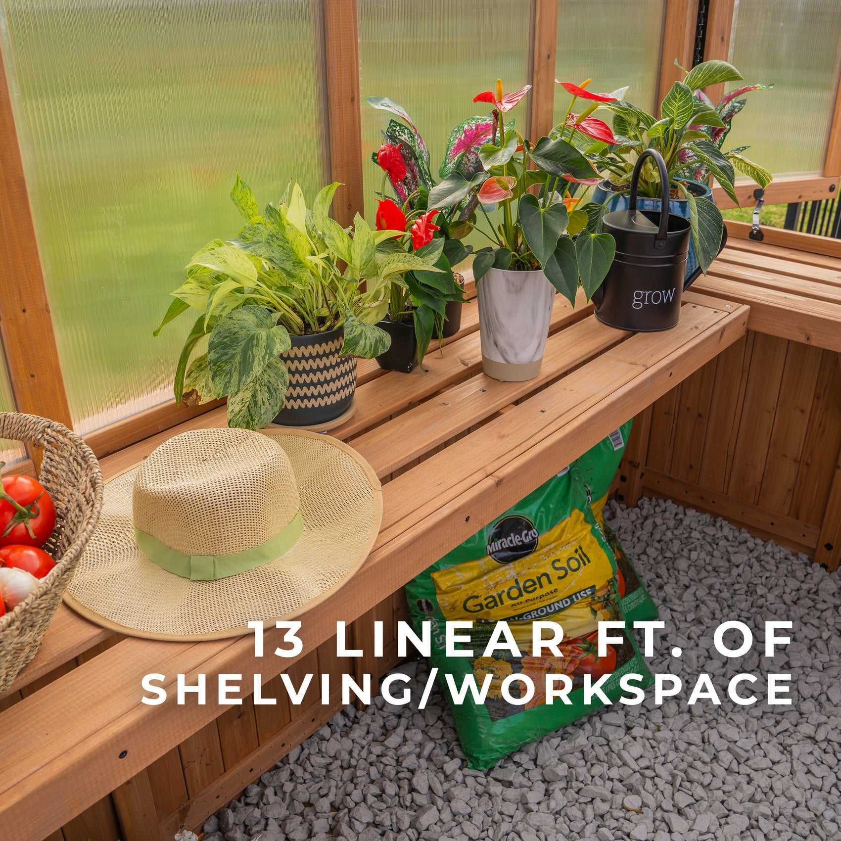 Cedar staging shelves inside the Willow 9x6 outdoor greenhouse hold potted plants, a watering can, and a sun hat.