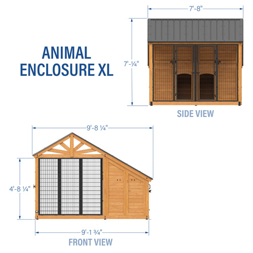 Dimension diagram of cedar and steel outdoor dog kennel with front and side views.