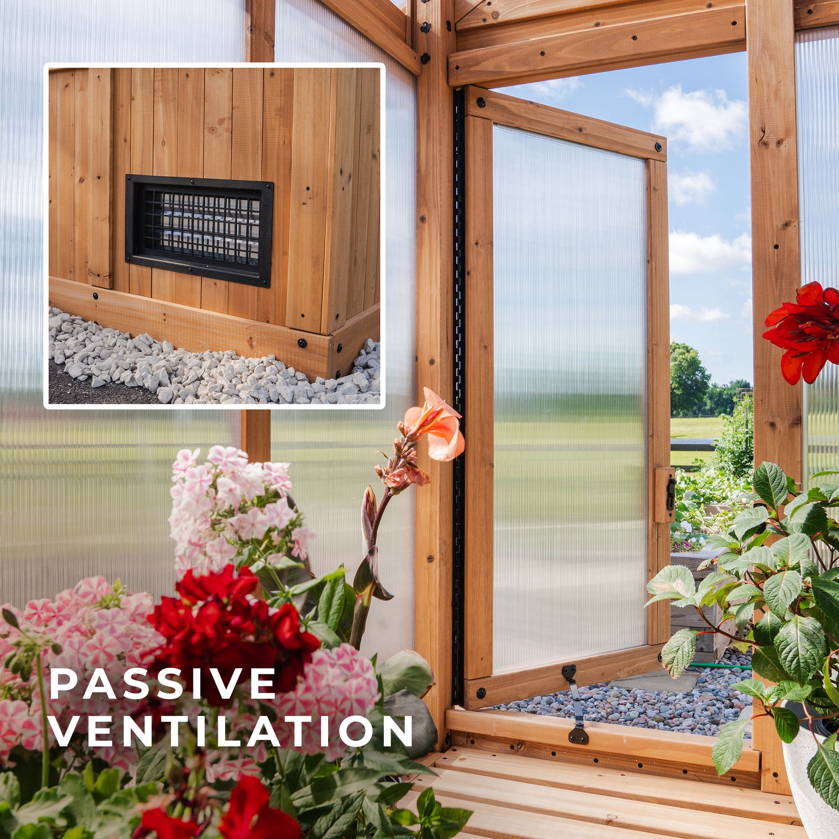 A cedar and polycarbonate wide entry door on the Bellerose XL greenhouse stands open beside an intake vent for airflow.