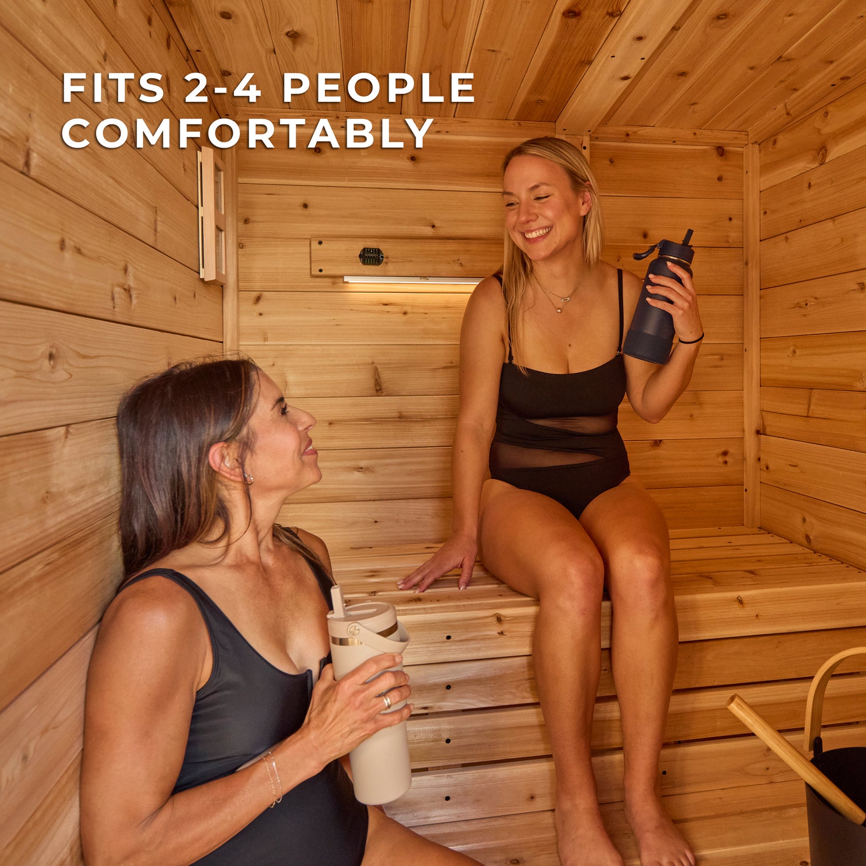 Interior of Bennett cabin sauna showing cedar benches seating 2-4 people