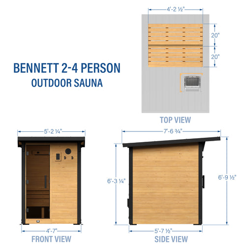 Bennett 2-4 person outdoor cabin sauna dimensions showing top front and side views with measurements | stacked