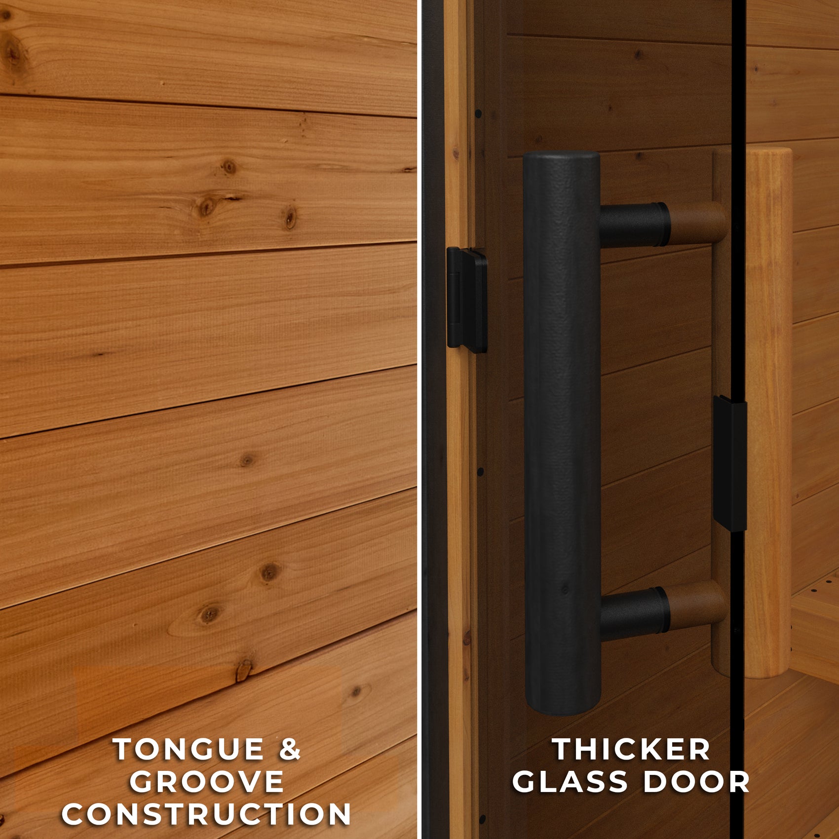 Bennett cabin sauna tongue-and-groove cedar construction and 8mm tinted tempered glass detail