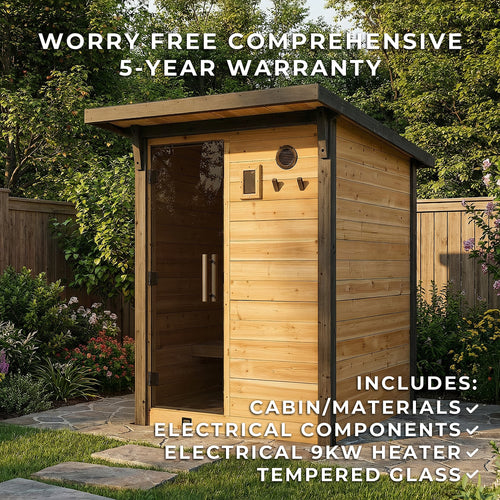 Bennett outdoor cabin sauna with 5-year comprehensive warranty badge