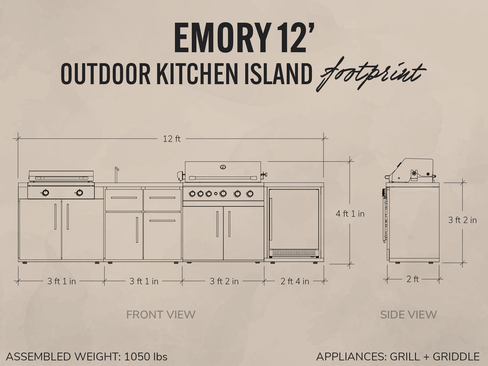 Emory 12-foot outdoor cooking station footprint diagram showing front and side views of a grill, griddle.
