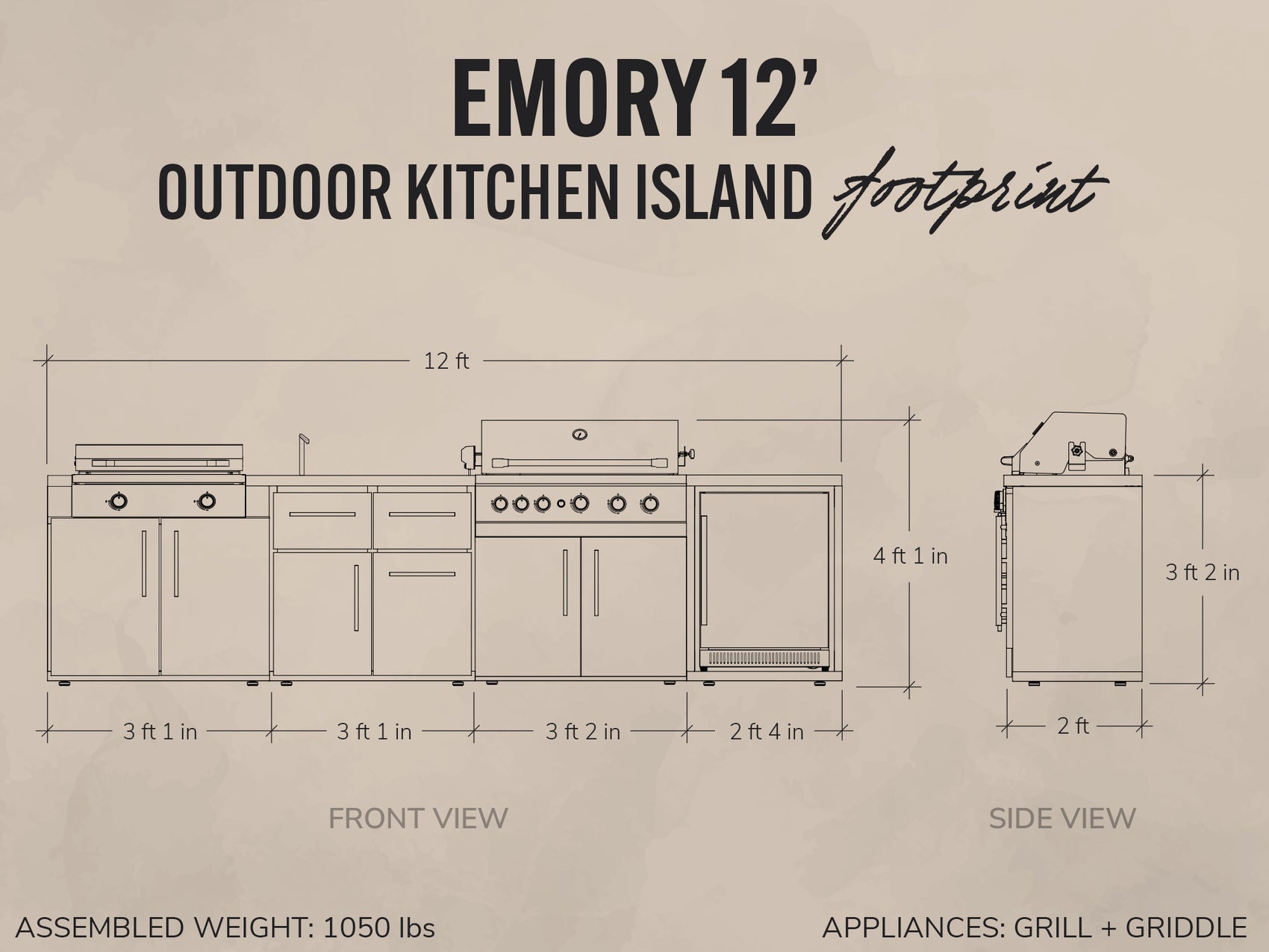Emory 12-foot outdoor cooking station footprint diagram showing front and side views of a grill, griddle.