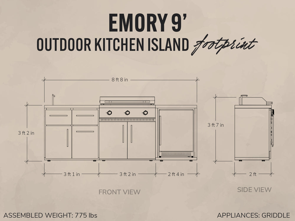 Blueprint-style drawing of the Emory outdoor kitchen island shows a griddle, sink, fridge.