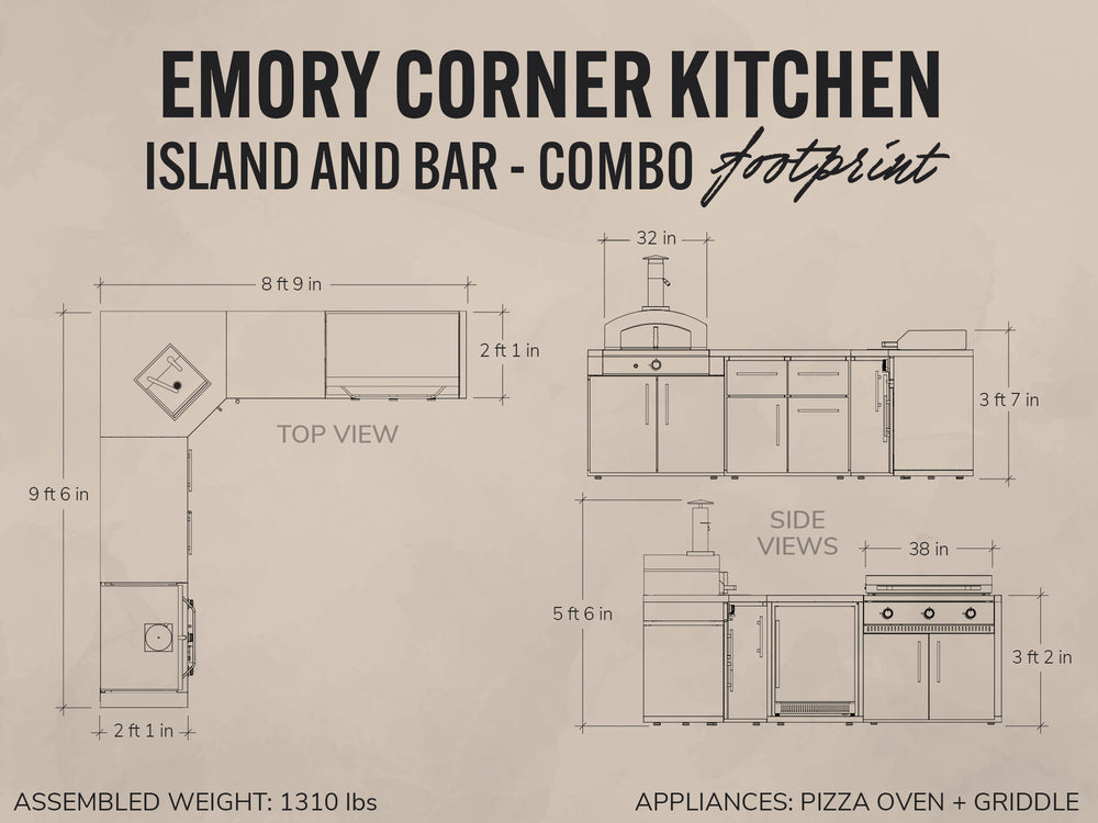 Emory Corner Kitchen backyard kitchen combo blueprint showing island-and-bar layout with pizza oven and griddle.
