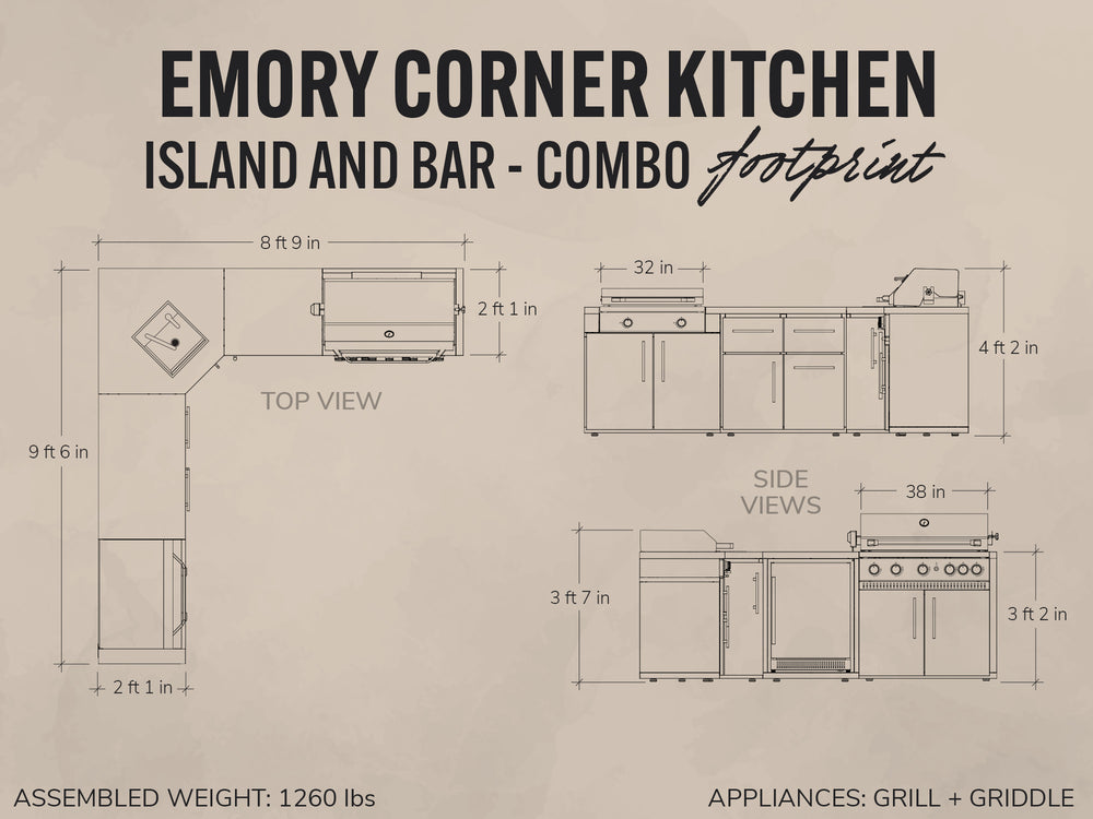 Footprint diagram of the L-shaped Emory outdoor kitchen combo showing top and side views with grill and griddle appliances.