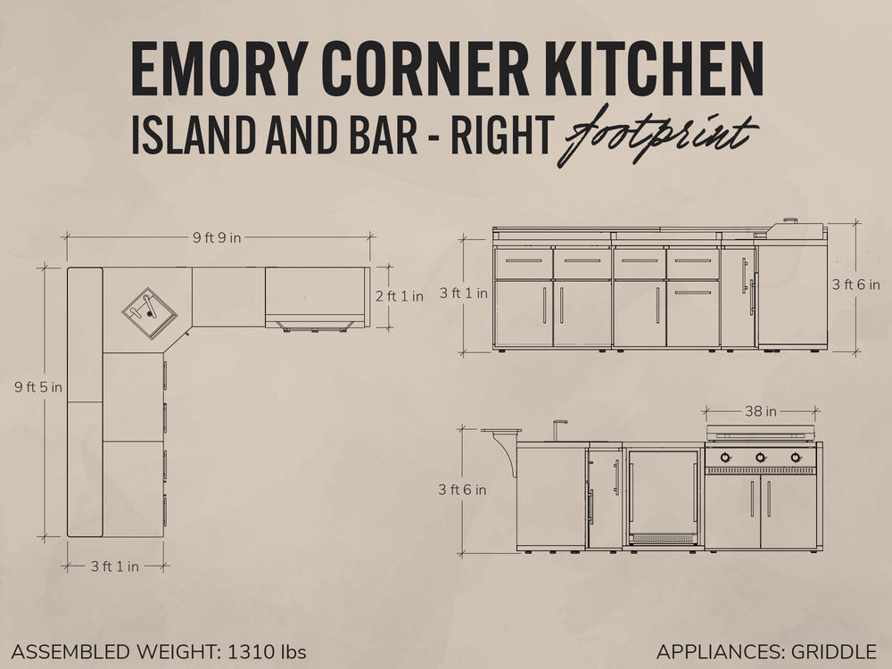 Emory Corner Kitchen backyard kitchen blueprint shows an L-shaped island and bar with a griddle in right-footprint layout.