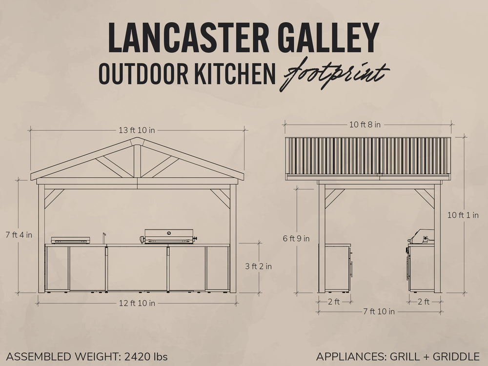 Footprint diagram of the Lancaster Galley outdoor cooking station showing front and side elevation views.